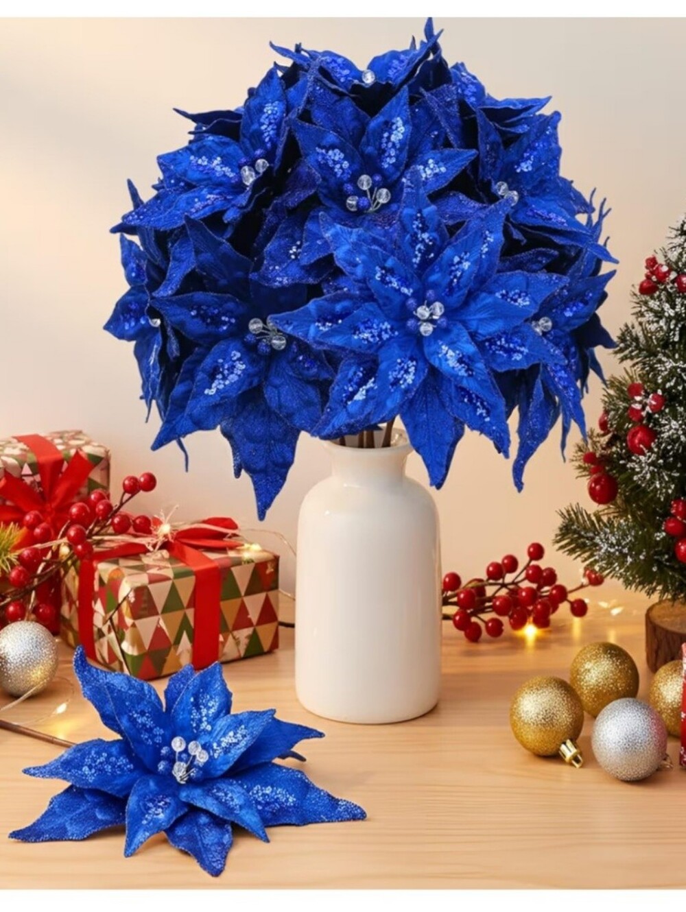 Sparkly Royal Blue Holiday Poinsettas Picks. 8 Pieces. NEW.